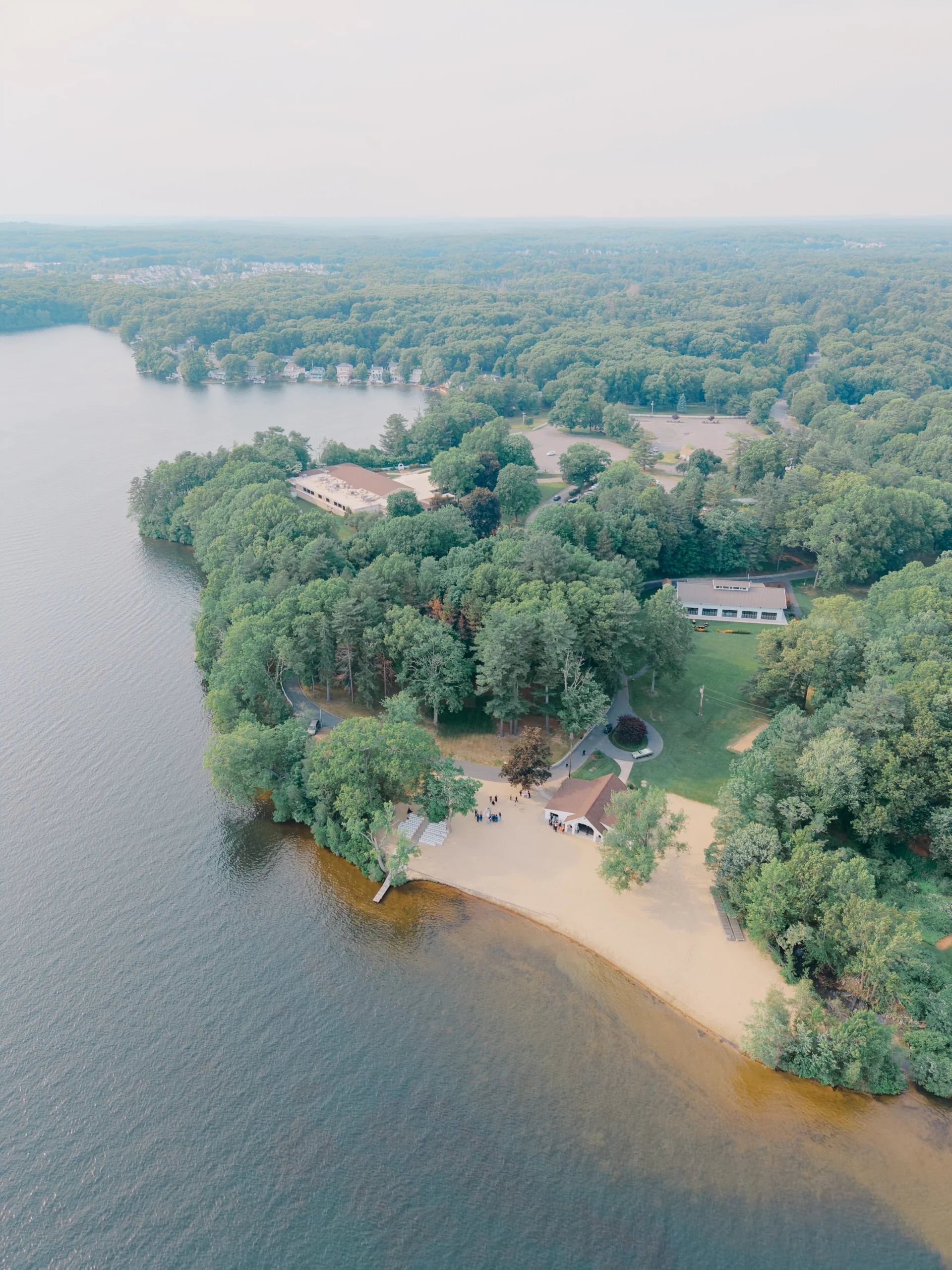 Aerial view of the Lake Pearl Wrentham estate and its lakeside grounds